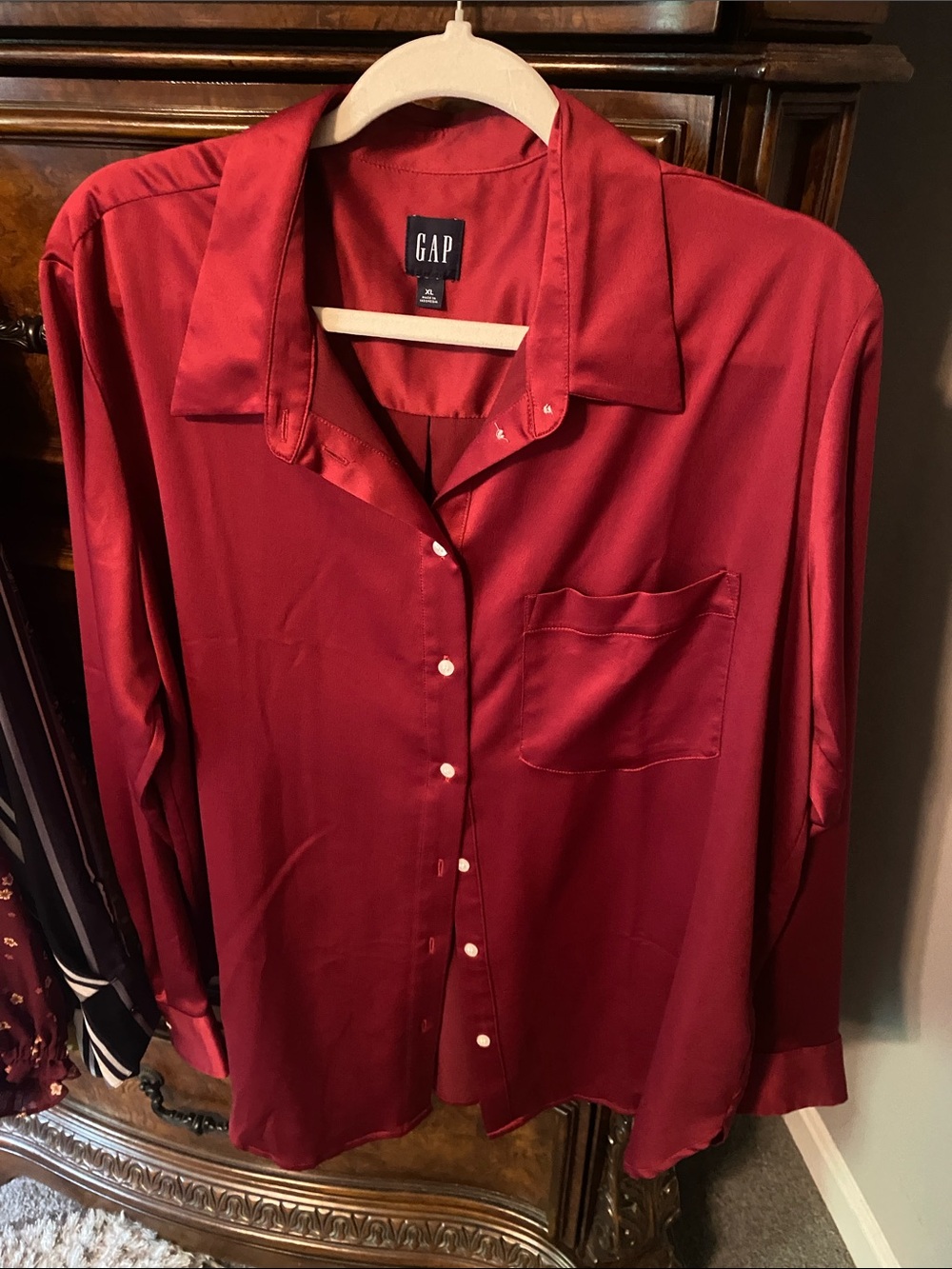 Gap satin button up crimson red blouse